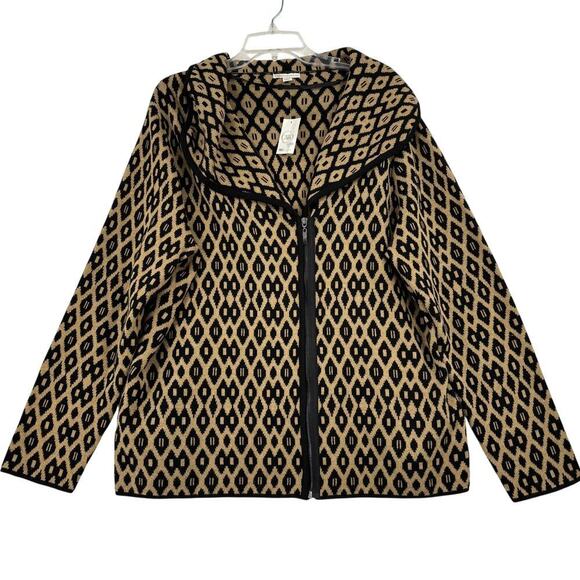 Cato Wool Blend Cardigan Sweater Size 22/24W Black Tan Shawl Collar Full Zip - Picture 1 of 13